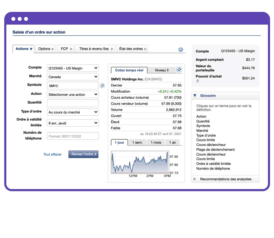Cette image montre la plateforme de Qtrade qui offre aux investisseurs un accès rapide aux marchés des actions, des FNB, des fonds communs de placement, des obligations, des options, des CPG et plus encore.